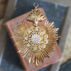 Sacred Heart, Milagro Heart, Gold Heart with White Rhinestones, Catholic Heart, Radiant Heart