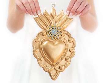 Sacred Heart, Milagro Heart, Large Flat Gold Heart with Blue Opal Rhinestones, Catholic Heart, Wall Hanging