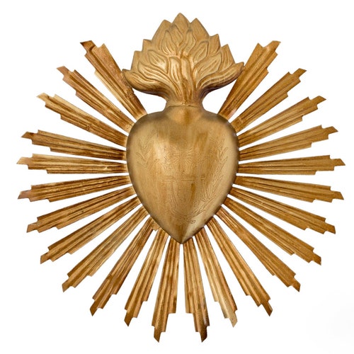 Sacred Heart, Milagro Heart, Large Gold Heart Sunburst Flame, Catholic Heart, Wall Hanging