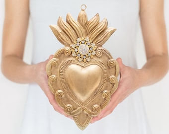 Sacred Heart, Milagro Heart, Large Flat Gold Heart with Rhinestones, Catholic Heart, Wall Hanging
