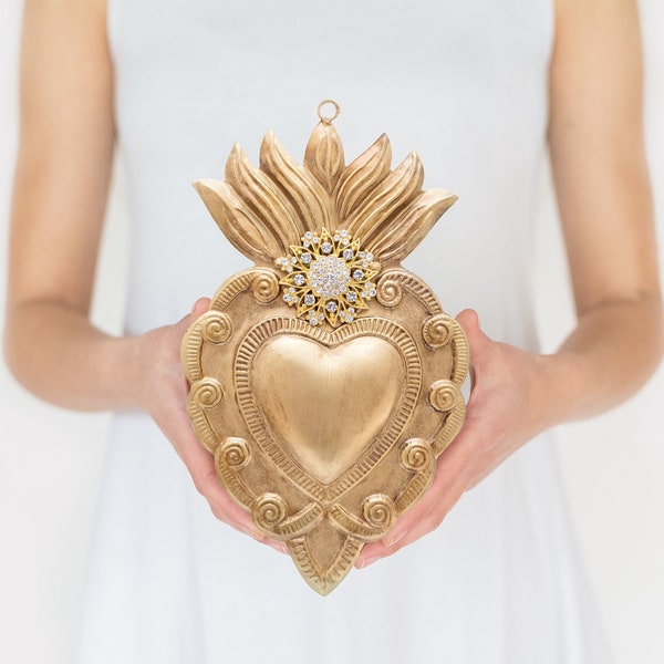 Sacred Heart, Milagro Heart, Large Flat Gold Heart with Rhinestones, Catholic Heart, Wall Hanging