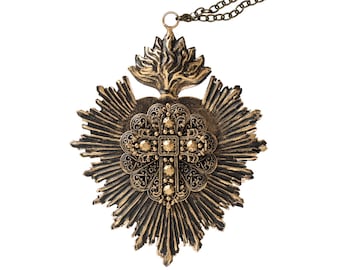 Sacred Heart, Milagro Heart, Black and Gold Heart with Cross, Catholic Heart, Radiant Heart