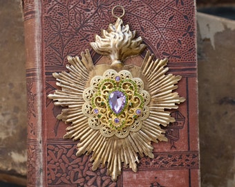 Sacred Heart, Milagro Heart, Gold Heart with Lavender Rhinestones, Catholic Heart, Radiant Heart