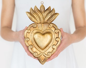 Sacred Heart, Milagro Heart, Large Gold Heart Flat, Catholic Heart, Wall Hanging