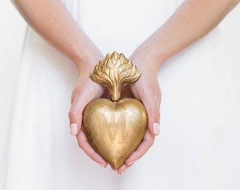 Sacred Heart, Milagro Heart, Large Gold Flame Heart Box, Catholic Heart, Prayer Box
