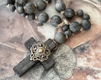 Wood Bead Rosary Garland Cross