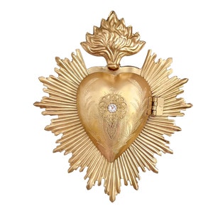 Sacred Heart, Milagro Heart, Gilded Gold Heart Box, white rhinestone, Catholic Heart, Prayer Box