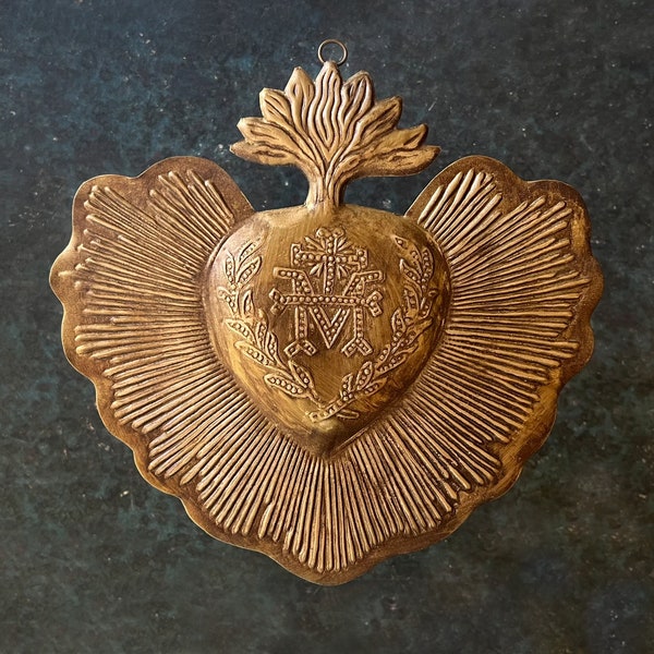 Sacred Heart, Marian Cross, Milagro Heart, Large Gold Catholic Heart, Wall Hanging