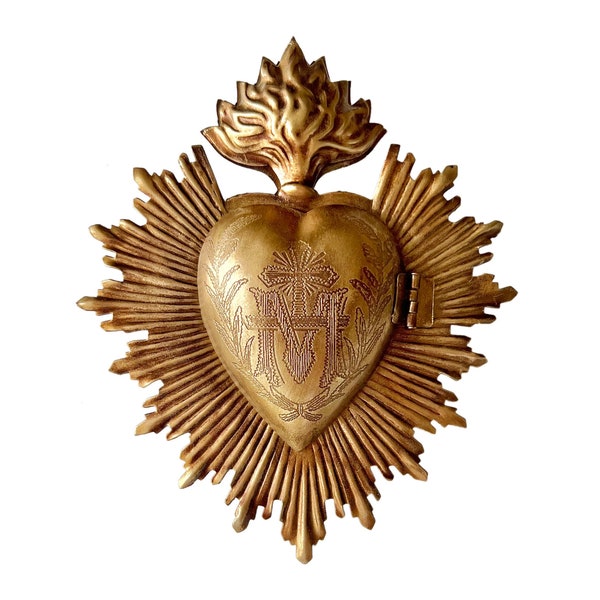 Sacred Heart, Milagro Heart, Antique Gold Heart Box, Catholic Heart, Prayer Box