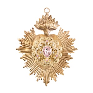 Sacred Heart, Milagro Heart, Gold Heart with Pink Rhinestones, Catholic Heart, Radiant Heart