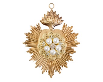 Sacred Heart, Milagro Heart, Gold with White Rhinestones and Pearls, Catholic Heart, Radiant Heart