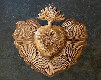 Sacred Heart, Marion Cross, Milagro Heart, Large Gold Catholic Heart, Wall Hanging