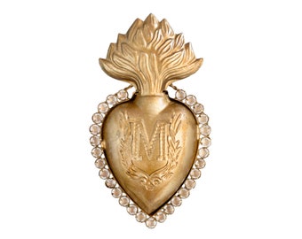 Sacred Heart, Rhinestone M, Heart Milagro, Gold Heart with distressed crystals