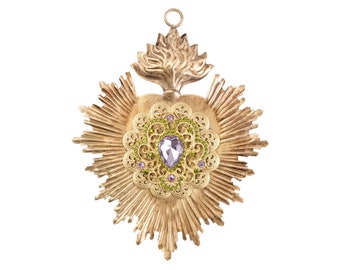 Sacred Heart, Milagro Heart, Gold Heart with Lavender Rhinestones, Catholic Heart, Radiant Heart