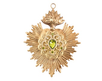 Sacred Heart, Milagro Heart, Gold Heart with Olive Green Rhinestones, Catholic Heart, Radiant Heart
