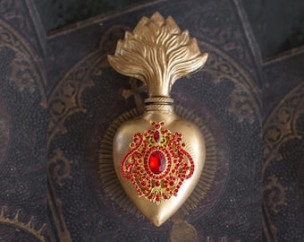 Sacred Heart, Holy Water Vessel Replica, Gold Heart Milagro with Red Rhinestones