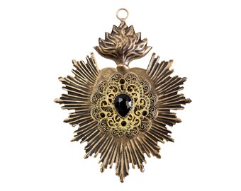 Sacred Heart, Milagro Heart, Black and Gold Heart with Rhinestones, Catholic Heart, Radiant Heart