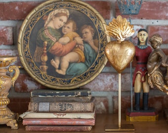 Sacred Heart on stand, Milagro Heart, Large Gold Flame Heart, Catholic Heart, Prayer Box
