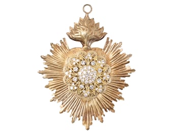 Sacred Heart, Milagro Heart, Gold Heart with White Rhinestones, Catholic Heart, Radiant Heart