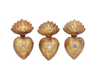 Sacred Heart, Milagro Heart, Set of 3, First Communion Gift, Antique Gold Heart Box, Catholic Heart, Pastel Rhinestones