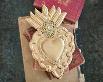 Sacred Heart, Milagro Heart, Large Flat Bright Gold Heart with Rhinestones, Catholic Heart, Wall Hanging