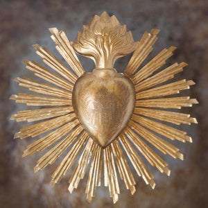 Sacred Heart, Milagro Heart, Large Antique Gold Heart Sunburst Flame, Catholic Heart, Wall Hanging