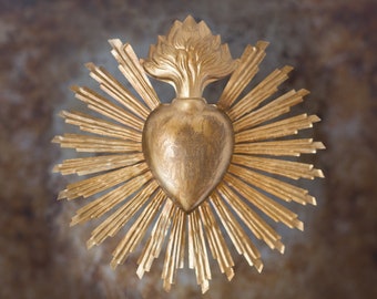 Sacred Heart, Milagro Heart, Large Gold Heart Sunburst Flame, Catholic Heart, Wall Hanging