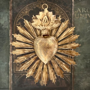 Sacred Heart, Milagro Heart, Small Gold Heart Sunburst Flame, Catholic Heart, Wall Hanging