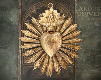 Sacred Heart, Milagro Heart, Small Gold Heart Sunburst Flame, Catholic Heart, Wall Hanging