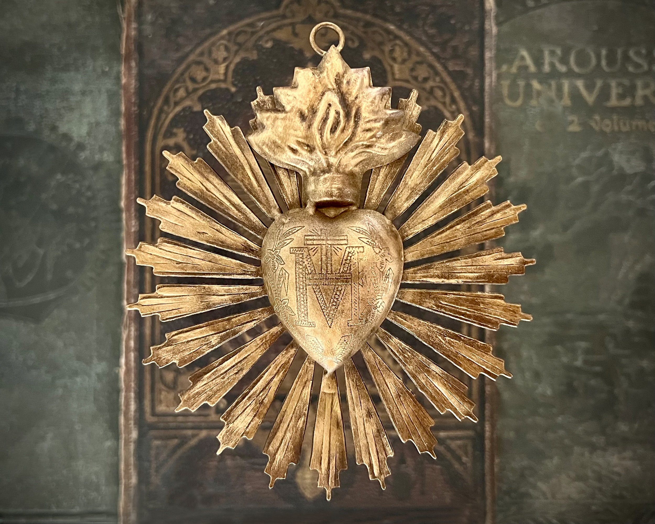 Sacred Heart, Milagro Heart, Small Gold Heart Sunburst Flame