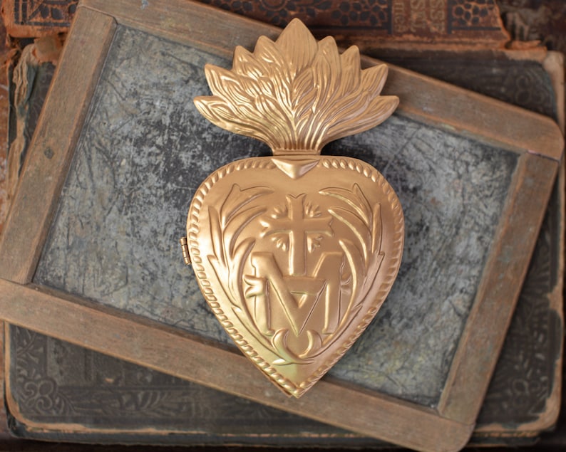 Sacred Heart Rosary Holder, Milagro Heart, Large Gold Heart Sunburst Flame, Catholic Heart, Wall Hanging image 1