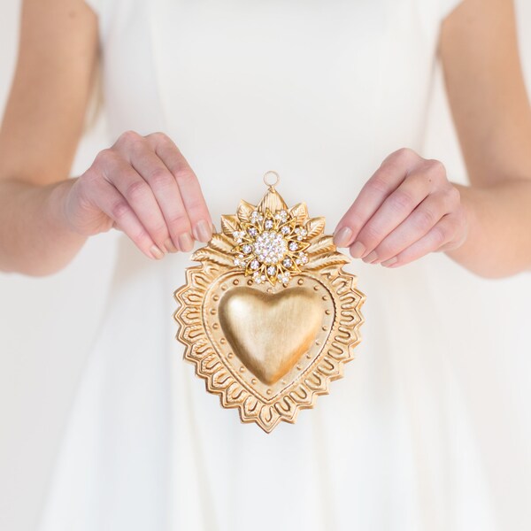 Metal Sacred Heart Milagro Ornament with Glass Jewels main image 0