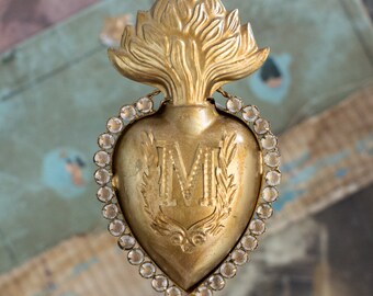 Sacred Heart, Rhinestone M, Heart Milagro, Gold Heart with distressed crystals