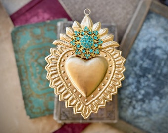 Hanging Sacred Heart, Milagro Heart, Gold Heart Flat, Catholic Heart, Altar Heart, Gilded Gold with aquamarine rhinestones, Laurel Heart