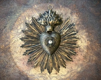 Sacred Heart, Milagro Heart, Small Black and Gold Heart Sunburst Flame with Rhinestone, Catholic Heart, Wall Hanging
