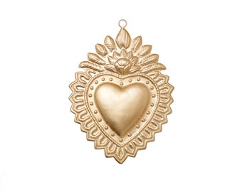 Hanging Sacred Heart, Milagro Heart, Gold Heart Flat, Catholic Heart, Altar Heart, Gilded Gold, Laurel Heart