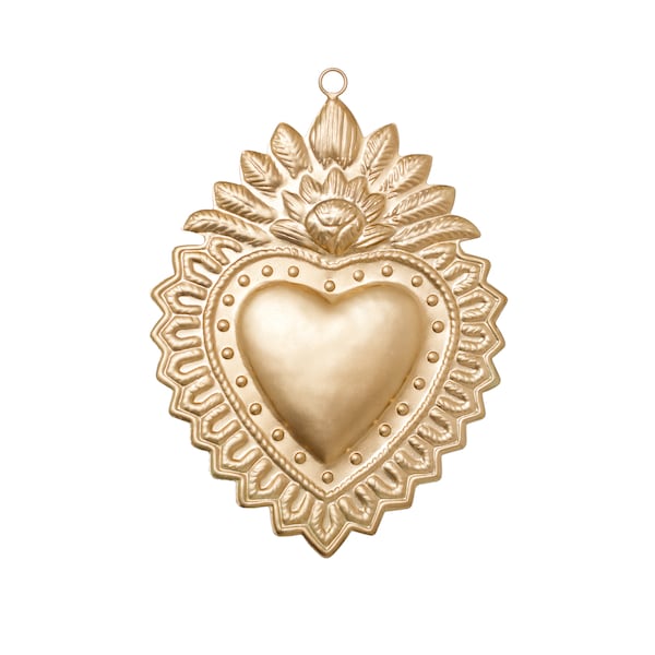 Hanging Sacred Heart, Milagro Heart, Gold Heart Flat, Catholic Heart, Altar Heart, Gilded Gold, Laurel Heart