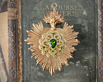 Sacred Heart, Milagro Heart, Gold Heart with Emerald Rhinestones, Catholic Heart, Radiant Heart