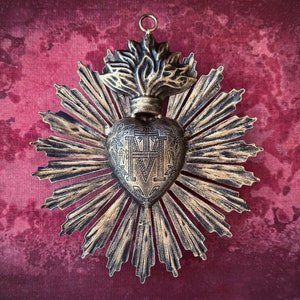 Heiligstes Herz, Milagro Herz, Kleines Schwarz und Gold Herz Sunburst Flame, Katholisches Herz, Wandbehang