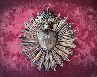 Sacred Heart, Milagro Heart, Small Black and Gold Heart Sunburst Flame, Catholic Heart, Wall Hanging