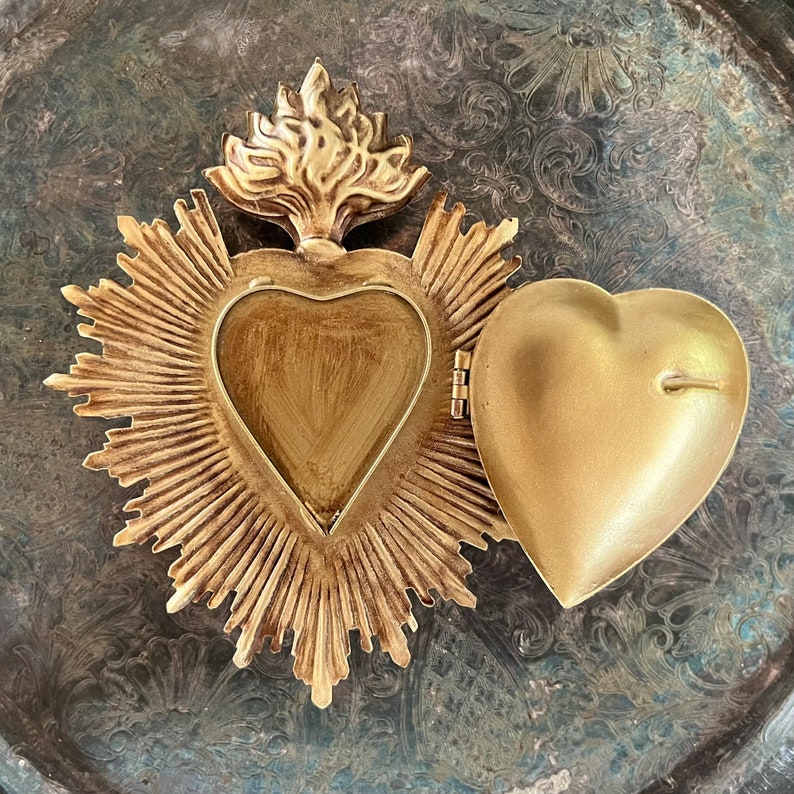 Sacred Heart, Milagro Heart, Antique Gold Heart Box, Catholic Heart, Prayer Box image 4