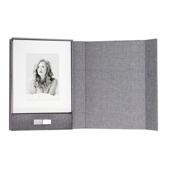Grey Linen Box, Photographers Gift, Wedding or Boudoir, holds 8x10 prints with USB holder --USB not included--