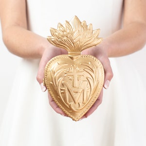 Sacred Heart Rosary Holder, Milagro Heart, Large Gold Heart Sunburst Flame, Catholic Heart, Wall Hanging image 2