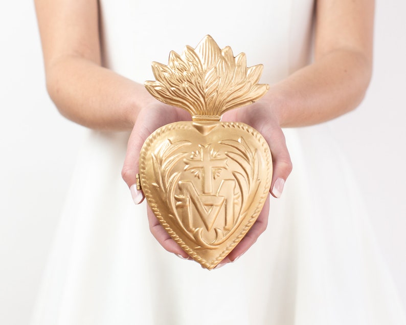 Sacred Heart Rosary Holder, Milagro Heart, Large Gold Heart Sunburst Flame, Catholic Heart, Wall Hanging image 2