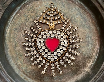 Sacred Heart, Red center with Rustic Crystals, Catholic Heart, Exvoto Wall Hanging, Milagro
