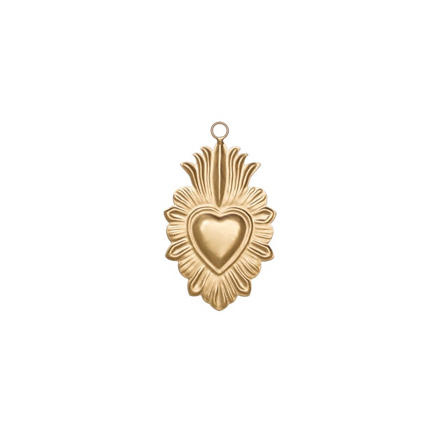 Hanging Sacred Heart, Milagro Heart, Small Gold Heart Flat, Catholic Heart, Altar Heart, Gilded Gold