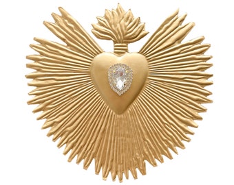 Brilliant Flame Sacred Heart ~ Gold with White Rhinestones, Catholic Heart, Wall Hanging