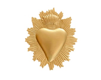 Hanging Sacred Heart, Exvoto Flame Heart, Gold Heart Flat, Catholic Heart, Altar Heart, Gilded Gold