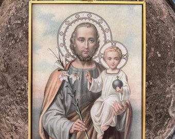 Saint Joseph and baby Jesus print, in hanging glass 5x7 gold frame
