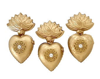 Sacred Heart, Milagro Heart, Set of 3, First Communion Gift, Gold Heart Box, Catholic Heart, Prayer Box Ex Voto